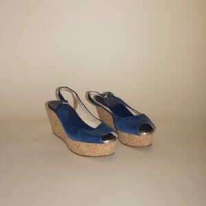 “Jimmy Choo” Royal Blue Slingback Cork Wedges - Size 38